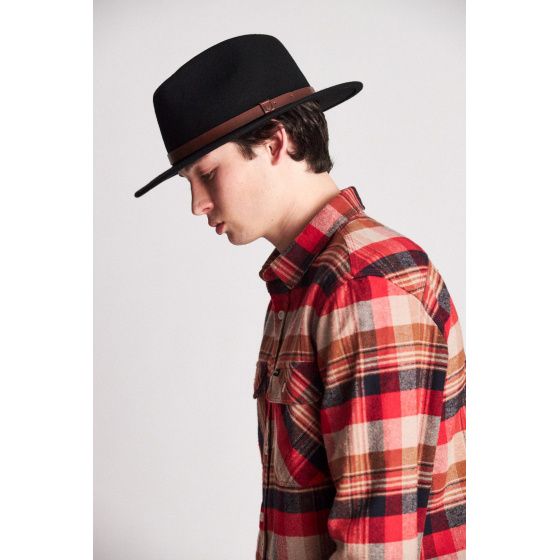 Black Wool Felt Fedora Hat Messer with brown leather - Brixton