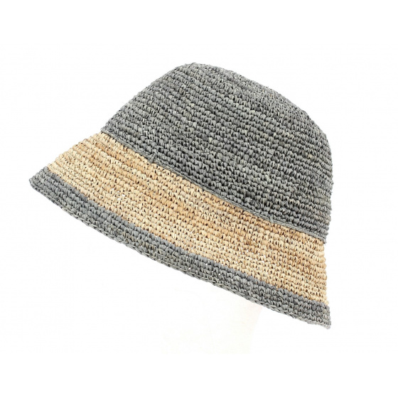 Sambava Beige & Gray Raffia Cloche Hat - Traclet