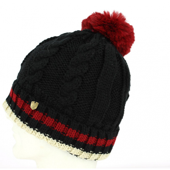Absie Tricolor Black Pom-Pom Beanie - Traclet