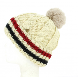 Beige Tricolor Absie Pompom Beanie - Traclet