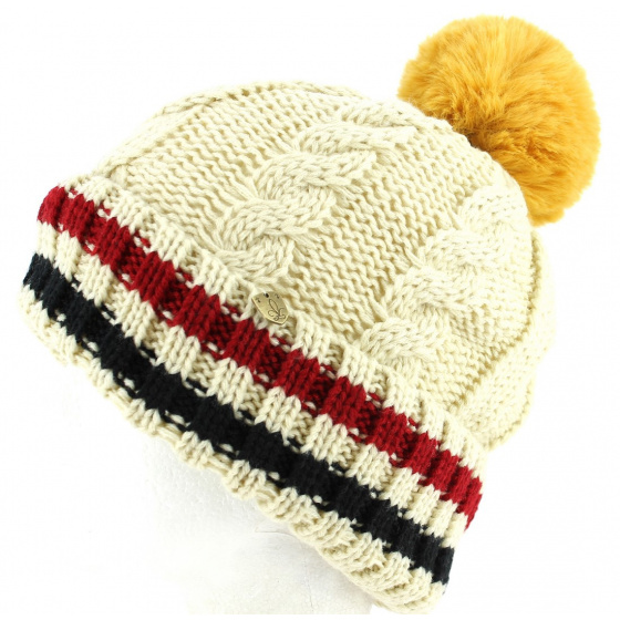 Bonnet à Pompon Absie Tricolore Beige- Traclet Bonnet à Pompon Absie Tricolore Beige- Traclet