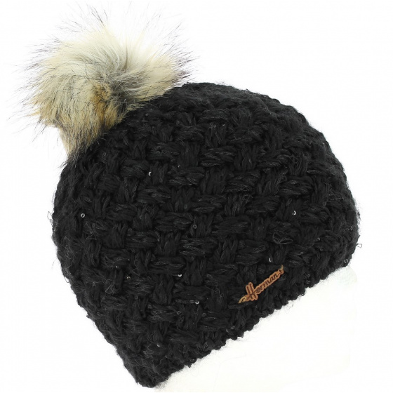Maggy Faux Fur Wool Pom-Pom Beanie Black - Herman