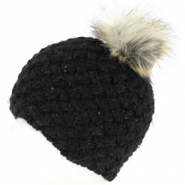 Maggy Faux Fur Wool Pom-Pom Beanie Black - Herman