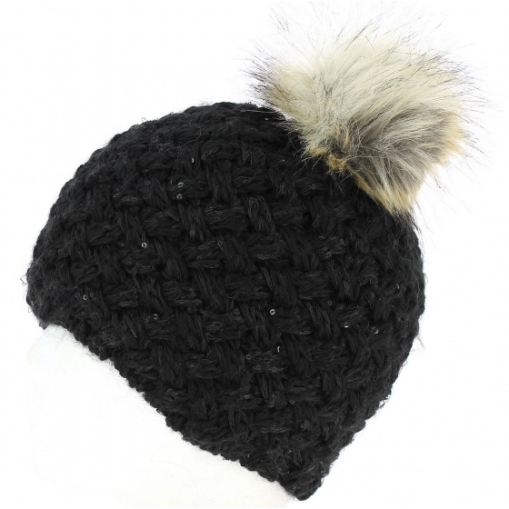 Maggy Faux Fur Wool Pom-Pom Beanie Black - Herman Maggy Faux Fur Wool Pom-Pom Beanie Black - Herman