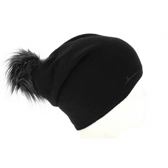 Louise Black Faux Fur Pompon Beanie- Herman