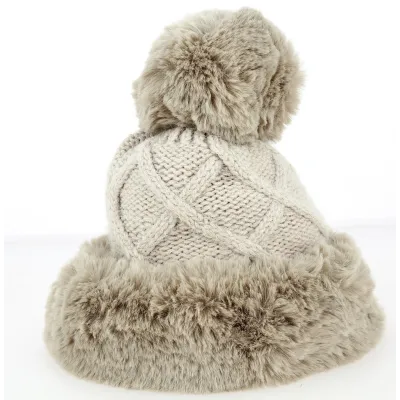 Allos Beige Faux Fur Pom-Pom Beanie - Traclet Reference: 7010 | Traclet Hat Shop
