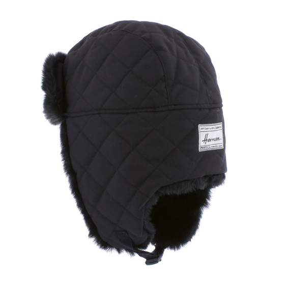 Black Quilted Buck Ushanka with Faux Fur - Herman