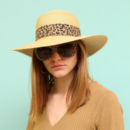 Queen Pastel Wide-Brimmed Hat in Paper Straw Beige & Leopard Print - Herman