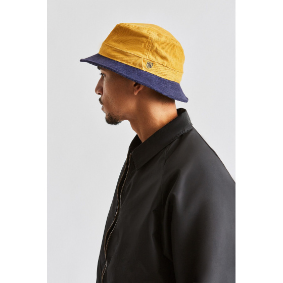 Navy Blue & Yellow Velvet Shield Bucket Hat - Brixton