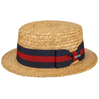 Natural Straw Boater Hat with Red & Navy Blue Ribbon - Stetson Reference: 10172 | Traclet Hat Shop
