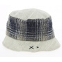 Beige & Navy Blue Linen Cloche Hat - Traclet