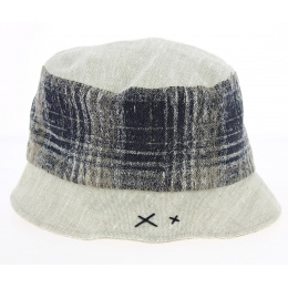 Beige & Navy Blue Linen Cloche Hat - Traclet