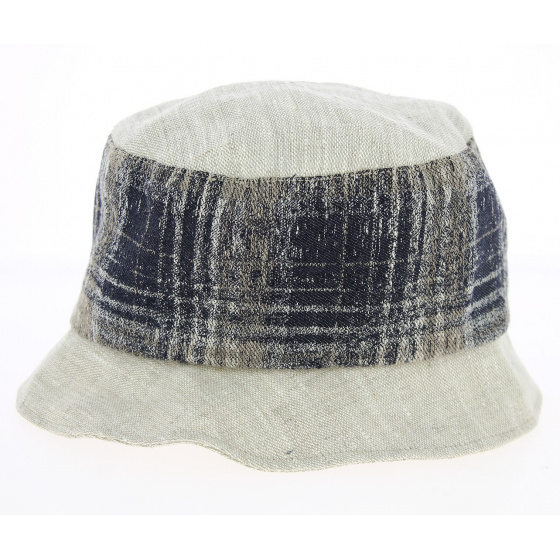 Beige & Navy Blue Linen Cloche Hat - Traclet