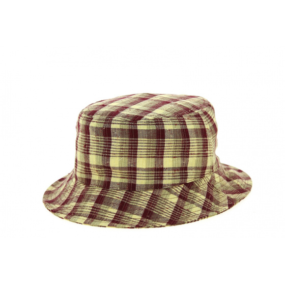 Burgundy & Yellow Checkered Cotton Bucket Hat Made in France - Crambes