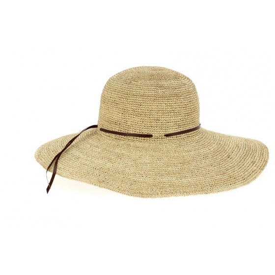 Monique Raffia Straw Wide-Brimmed Hat with Brown Leather - Traclet