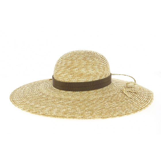 Natural Straw Wide Brim Hat Daisie with Brown Ribbon - Traclet Natural Straw Wide Brim Hat Daisie with Brown Ribbon - Traclet