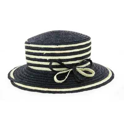 Chapeau Cérémonie Paille Hélène Bleu Marine & Blanc- Traclet  Reference : 9542 | Chapellerie Traclet