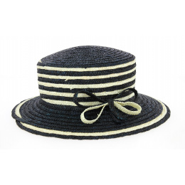 Navy Blue & White Straw Ceremony Hat Hélène - Traclet