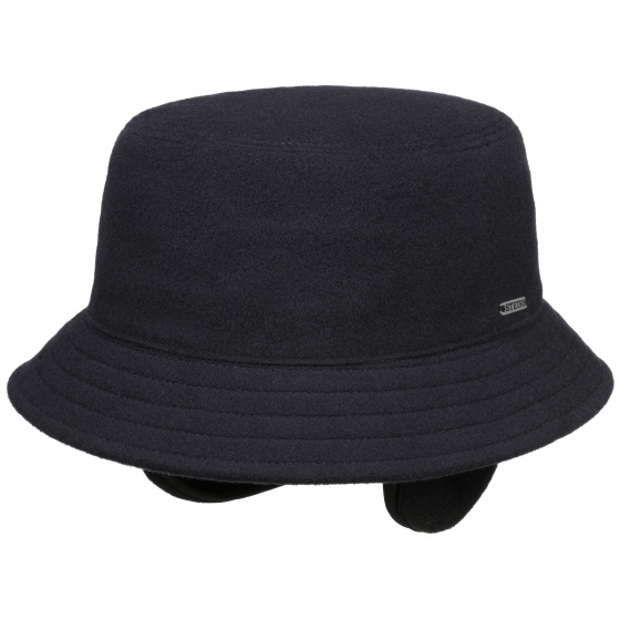 Navy Wool & Cashmere Bucket Hat with Ear Flaps - Stetson