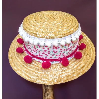 Girl's boater hat with pompom / Unique creation from TRACLET Hat Shop workshops Reference: 11190 | Traclet Hat Shop