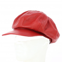 Red Montagny Leather Newsboy Cap
