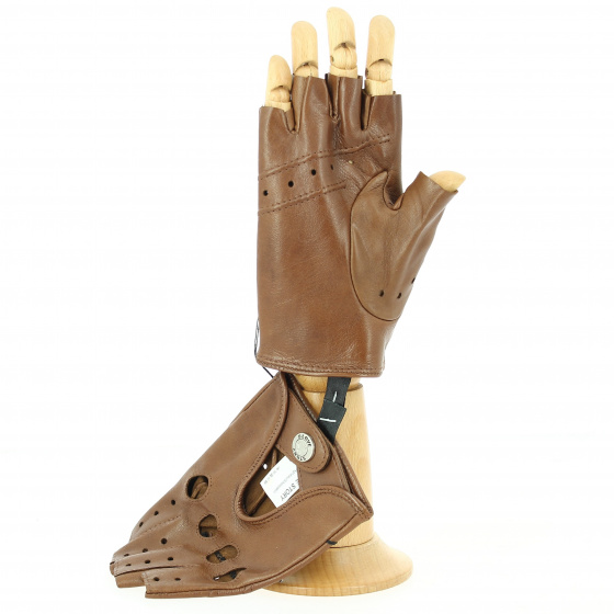 Brown Leather Driving Fingerless Gloves/Mitts - Traclet