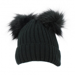 Black Faux Fur Pom-Pom Cuffed Beanie - Traclet