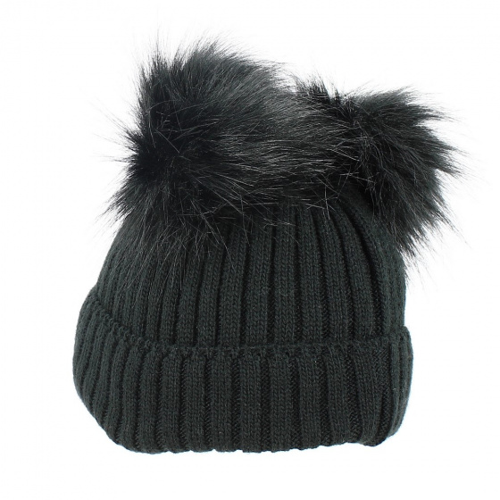 Bonnet Revers Pompon Fausse Fourrure Noir - Traclet