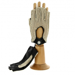 Black Leather & Cotton Driving Fingerless Gloves - Glove Story