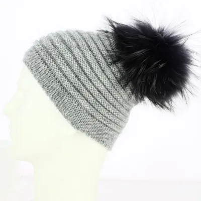Bonnet à pompon Sagrado Fourrure Laine & Mohair Gris - Traclet