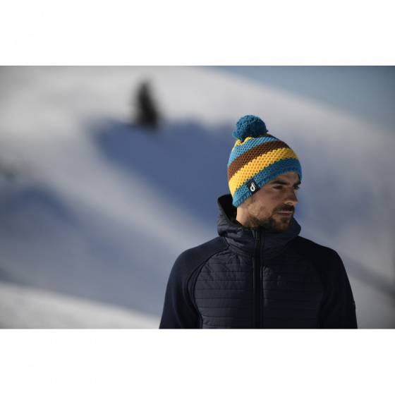 Striped Beanie in Teal Blue & Golden Yellow - Brown