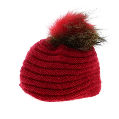 Bonnet à Pompon Sagrado Fourrure Laine & Mohair Rouge - Traclet