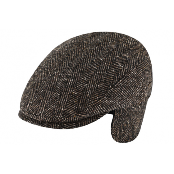 Flat Cap Earflaps Jerzu Wool Brown Herringbone - Traclet