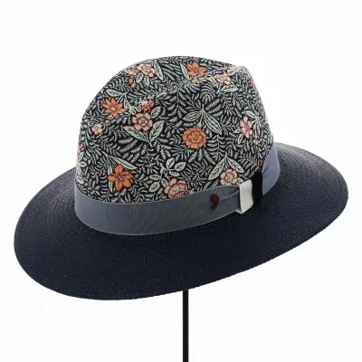 Chapeau Traveller Boby Bleu Marine Paille & Coton Fleuris - Alfonso d'Este