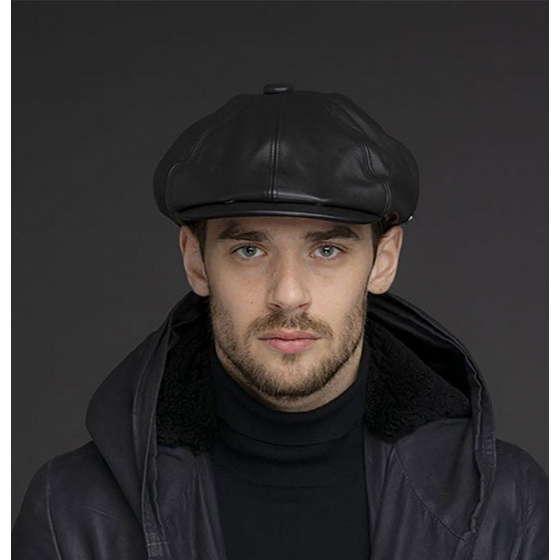 Black Leather Newsboy Cap Noclin - Bailey