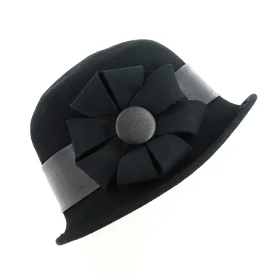 Black Wool Felt Cloche Hat with Flower - Traclet Reference: 16714 | Traclet Millinery
