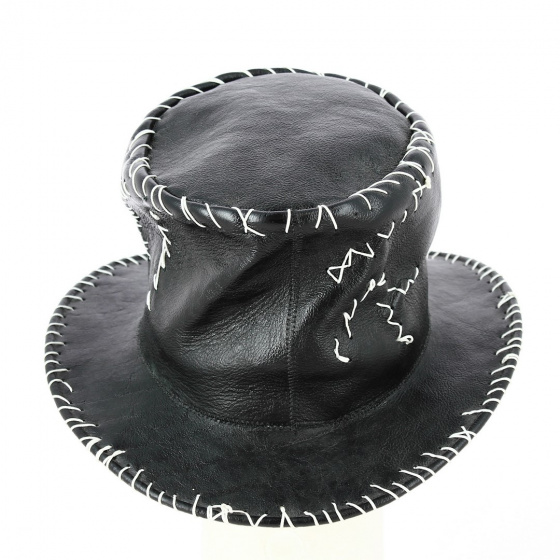 Black leather top hat with white stitching