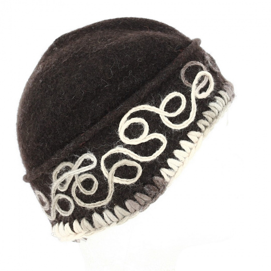 Beret - Brown asymmetrical wool hat with flowers - Traclet