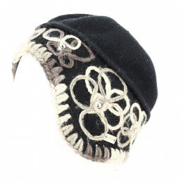 Beret - Asymmetrical black wool hat with flowers - Traclet