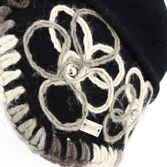 Béret - Bonnet Laine asymétrique noir avec fleurs - Traclet Béret - Bonnet Laine asymétrique noir avec fleurs - Traclet