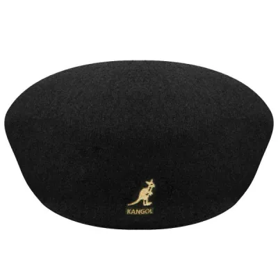 Casquette Plate 504 Laine Noire Logo Kangourou Doré- Kangol