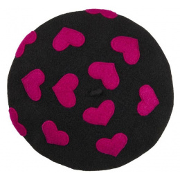 Maupassant Black Wool Beret with Heart Pattern - Laulhère
