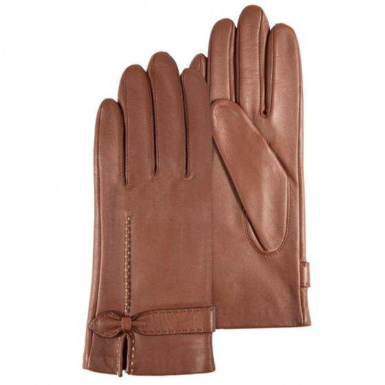 Women's Cognac Silk Lined Leather Gloves - Isotoner