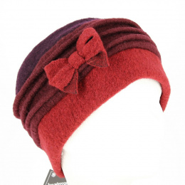 Toque with red, Bordeaux & plum wool bow - Traclet