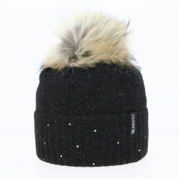 Bettina Fur Pompom Wool Beanie Black - Kristo