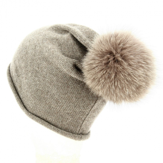 Bonnet Rasta à pompon Fourrure Renard Taupe - Traclet Bonnet Rasta à pompon Fourrure Renard Taupe - Traclet