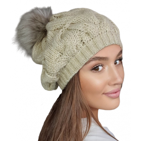 Women's beanie with pompom Zita Beige - Traclet