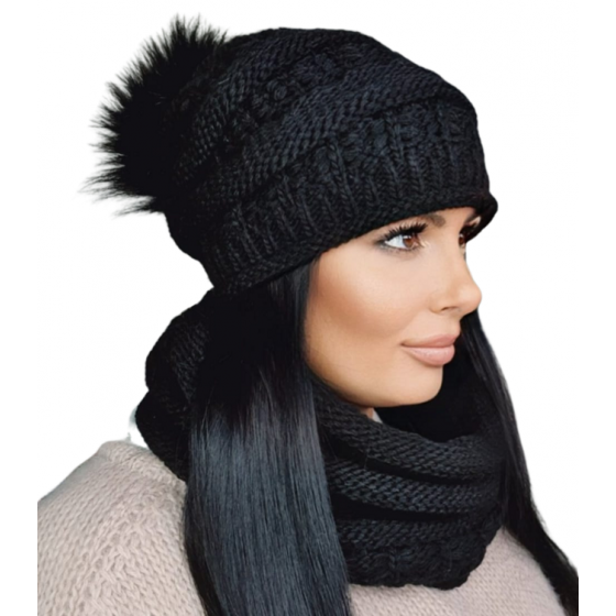 Pom Pom Beanie & Liana Snood Set Black - TRACLET