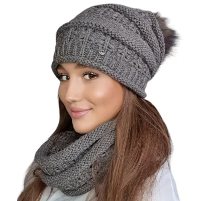 Ensemble Bonnet Pompon & snood Liana Taupe - TRACLET