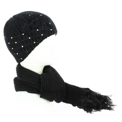 Black Wool Fringe Scarf Strass Beanie Set- Traclet